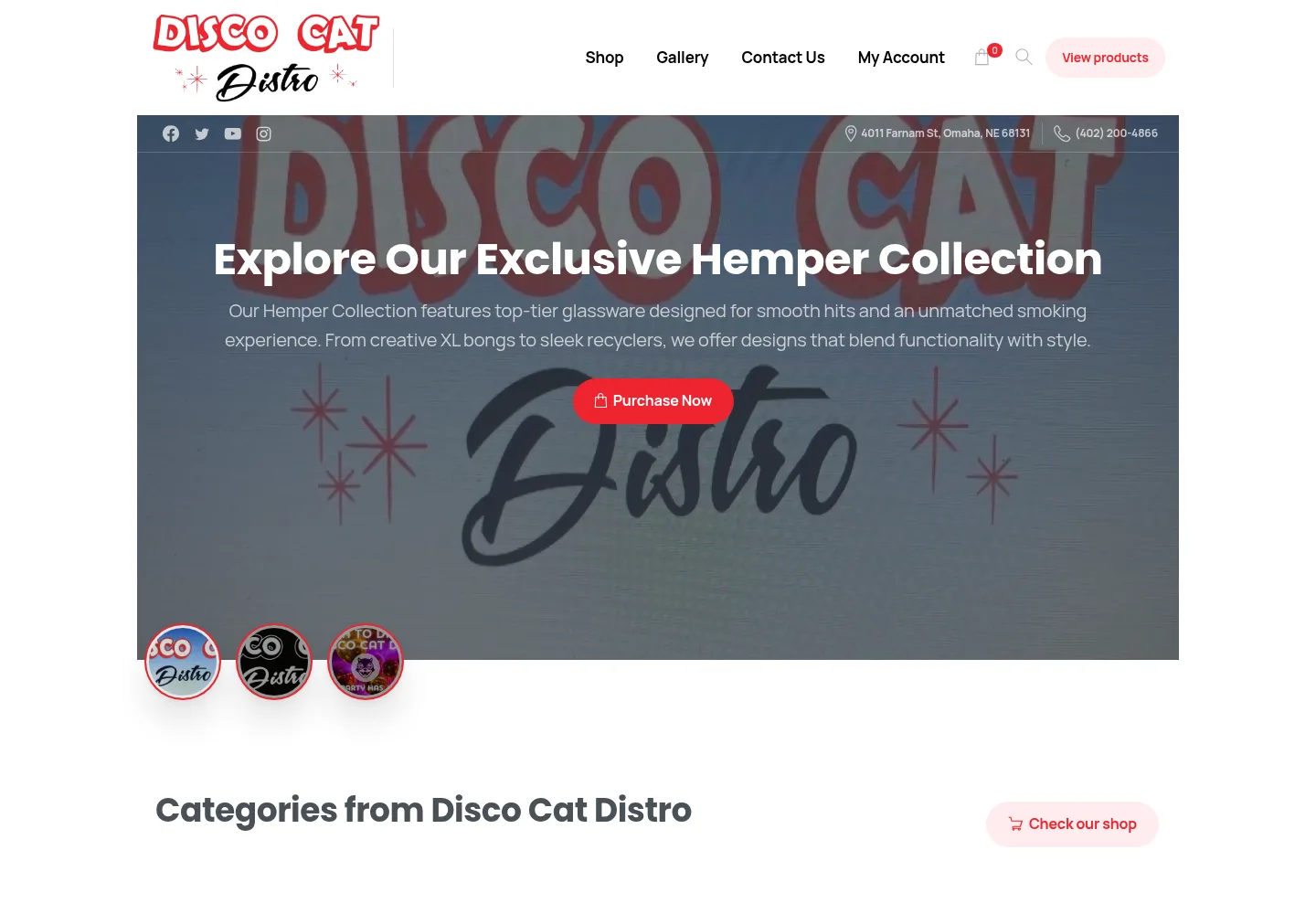 Disco Cat Distro ecommerce homepage featuring its product collection