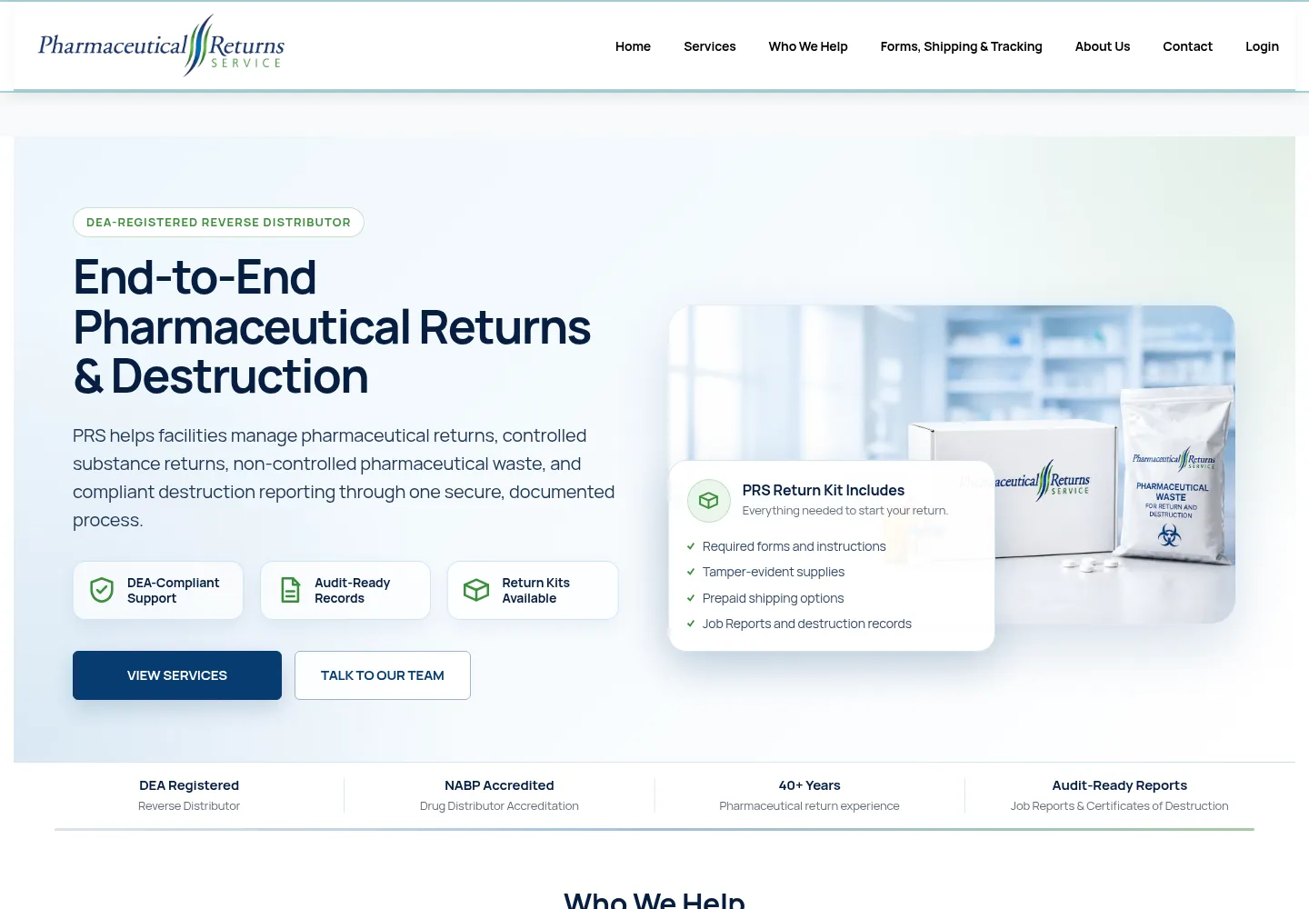 Pharmaceutical Returns Service homepage for compliant pharmaceutical returns and destruction